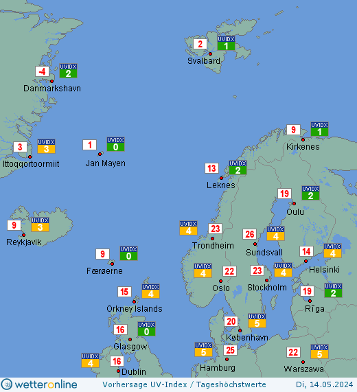 Nordeuropa: UV-Index-Vorhersage für Donnerstag, den 25.04.2024