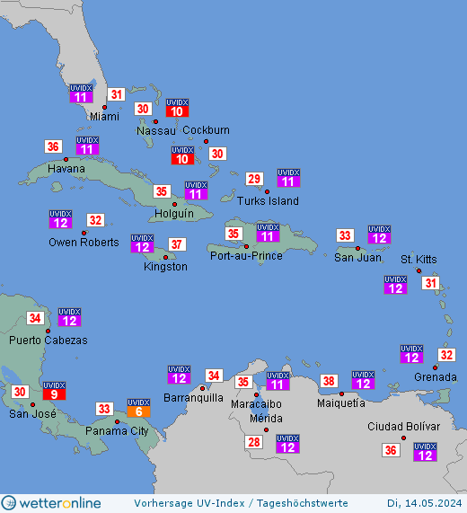 Karibikinseln: UV-Index-Vorhersage für Donnerstag, den 25.04.2024