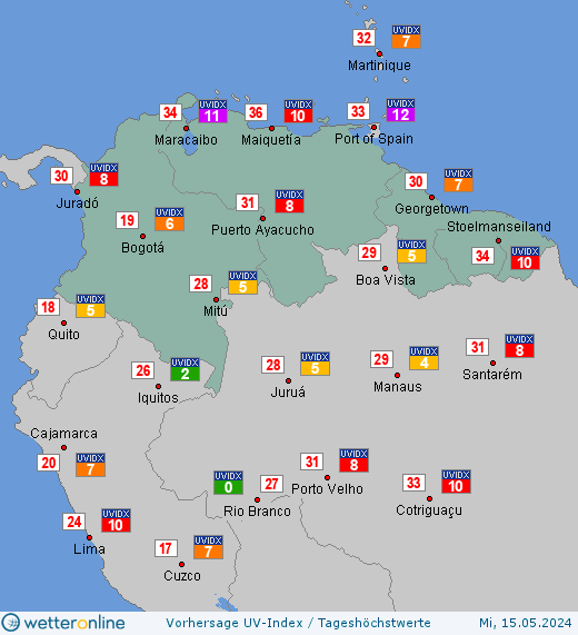 Nördliches Südamerika: UV-Index-Vorhersage für Donnerstag, den 25.04.2024