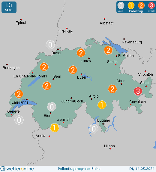 Schweiz: Pollenflugvorhersage Eiche für Donnerstag, den 25.04.2024