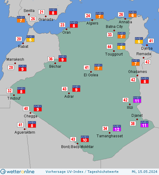 Algerien: UV-Index-Vorhersage für Donnerstag, den 25.04.2024