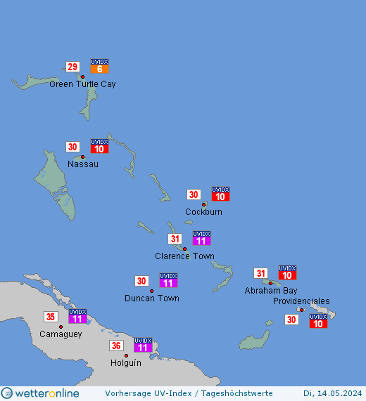 Bahamas: UV-Index-Vorhersage für Donnerstag, den 25.04.2024