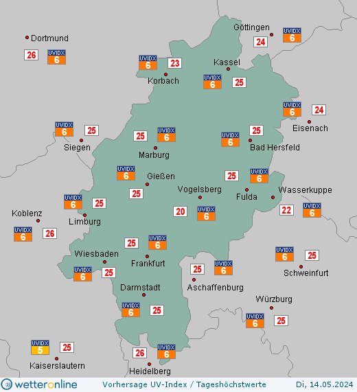Hessen: UV-Index-Vorhersage für Donnerstag, den 25.04.2024