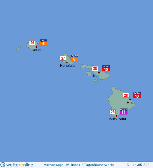 Hawaii-Inseln: UV-Index-Vorhersage für Donnerstag, den 25.04.2024