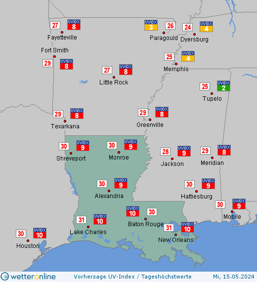 Louisiana: UV-Index-Vorhersage für Donnerstag, den 25.04.2024