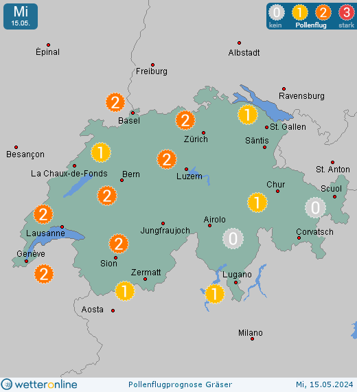 Schweiz: Pollenflugvorhersage Gräser für Donnerstag, den 25.04.2024