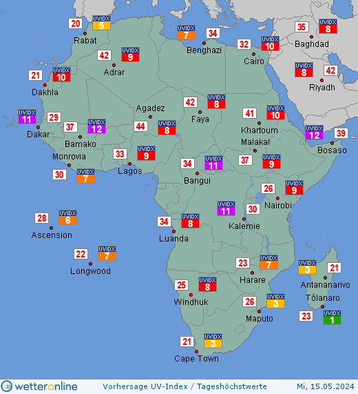 Afrika: UV-Index-Vorhersage für Donnerstag, den 25.04.2024