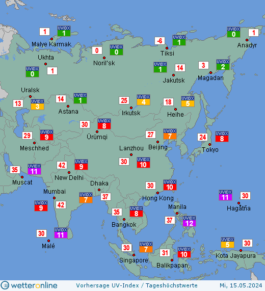 Asien: UV-Index-Vorhersage für Donnerstag, den 25.04.2024