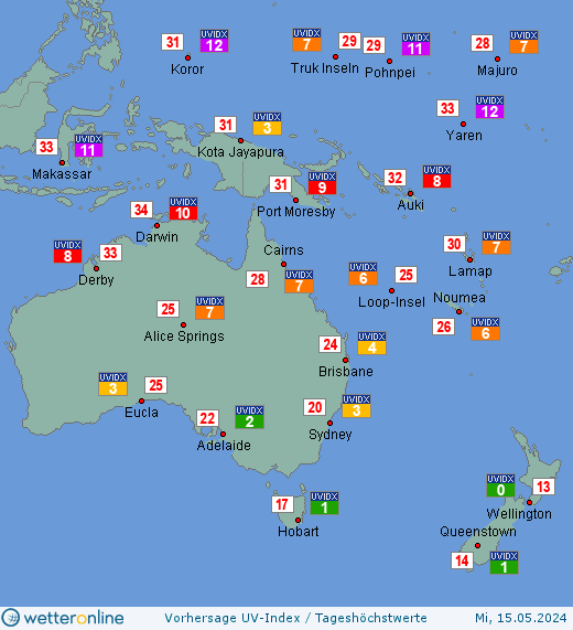 Ozeanien: UV-Index-Vorhersage für Donnerstag, den 25.04.2024