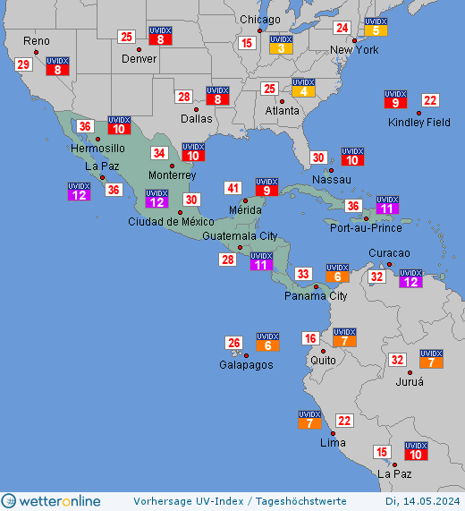 Mittelamerika: UV-Index-Vorhersage für Donnerstag, den 25.04.2024