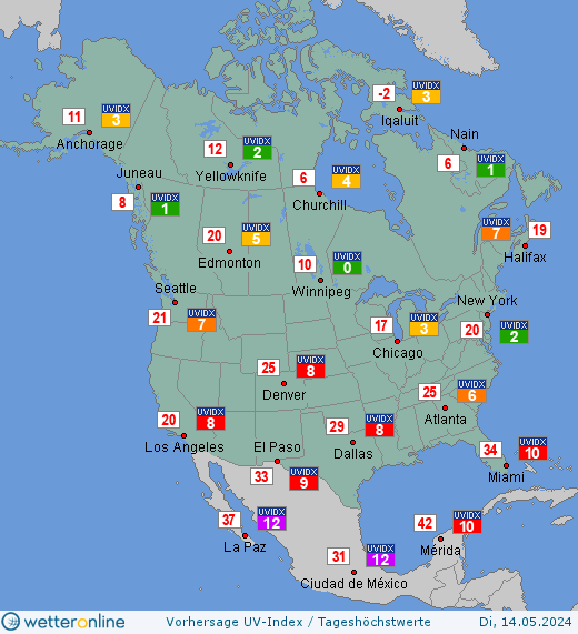 Nordamerika: UV-Index-Vorhersage für Donnerstag, den 25.04.2024