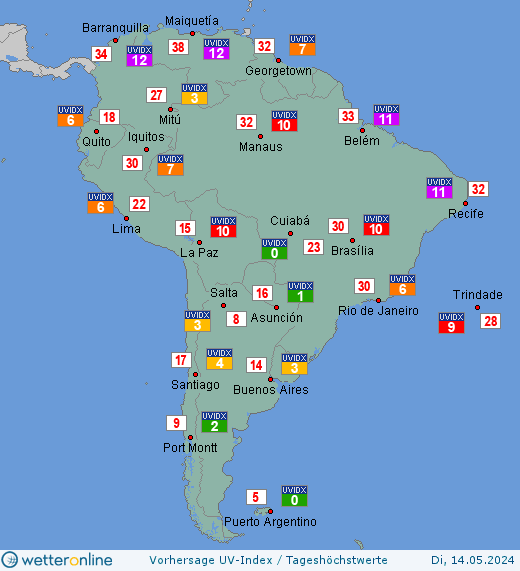 Südamerika: UV-Index-Vorhersage für Donnerstag, den 25.04.2024