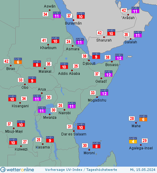 Ostafrika: UV-Index-Vorhersage für Freitag, den 26.04.2024