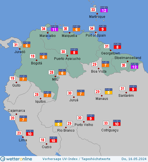 Nördliches Südamerika: UV-Index-Vorhersage für Freitag, den 26.04.2024