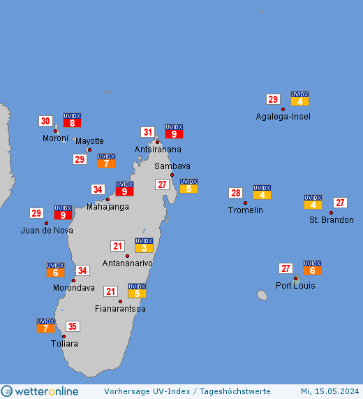 Mauritius: UV-Index-Vorhersage für Freitag, den 26.04.2024