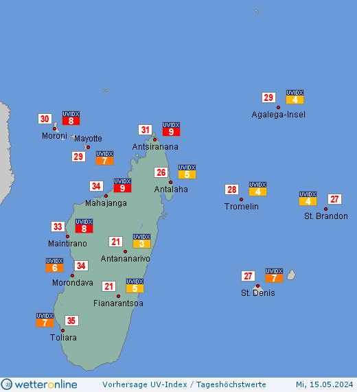 Madagaskar: UV-Index-Vorhersage für Freitag, den 26.04.2024