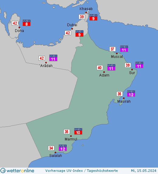 Oman: UV-Index-Vorhersage für Freitag, den 26.04.2024