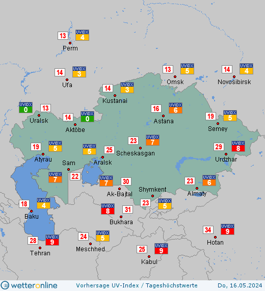 Kasachstan: UV-Index-Vorhersage für Freitag, den 26.04.2024