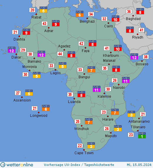 Afrika: UV-Index-Vorhersage für Freitag, den 26.04.2024
