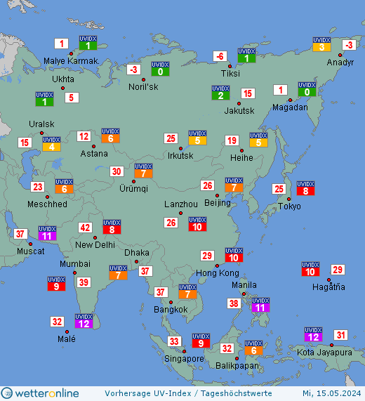 Asien: UV-Index-Vorhersage für Freitag, den 26.04.2024