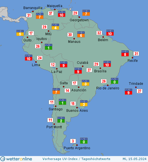 Südamerika: UV-Index-Vorhersage für Freitag, den 26.04.2024