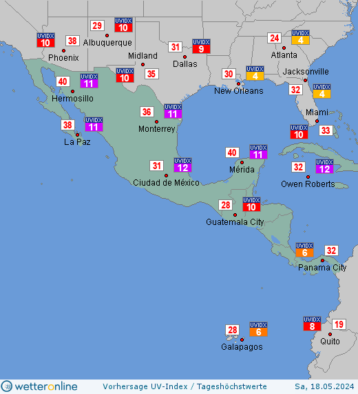 Zentralamerika: UV-Index-Vorhersage für Samstag, den 27.04.2024