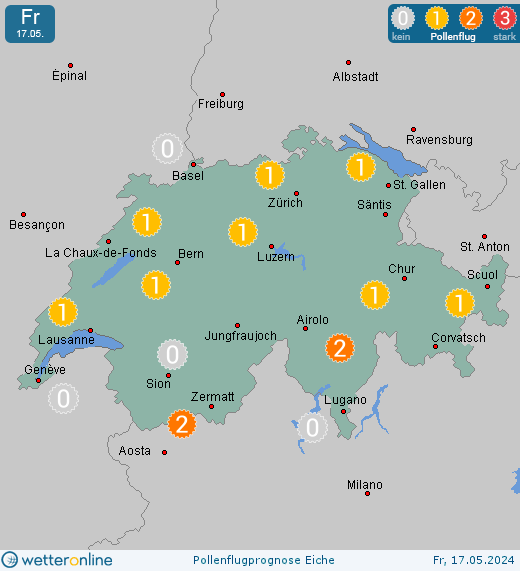 Liebefeld: Pollenflugvorhersage Eiche für Samstag, den 27.04.2024