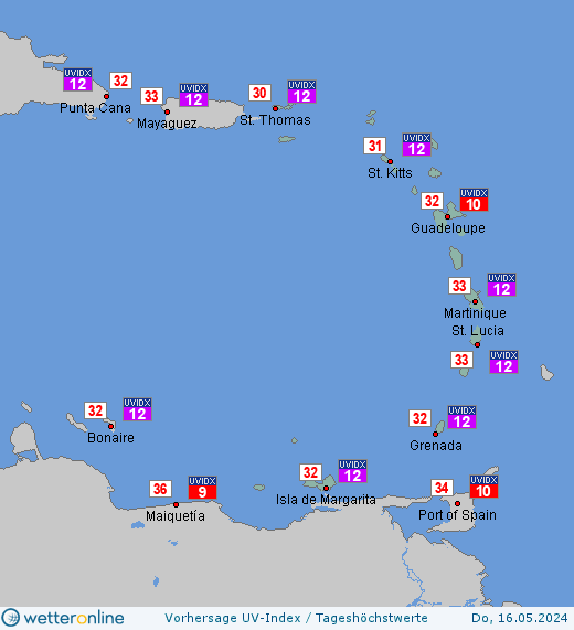 Kleine Antillen: UV-Index-Vorhersage für Samstag, den 27.04.2024