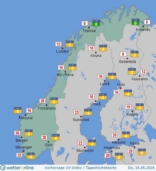 Norwegen: UV-Index-Vorhersage für Samstag, den 27.04.2024