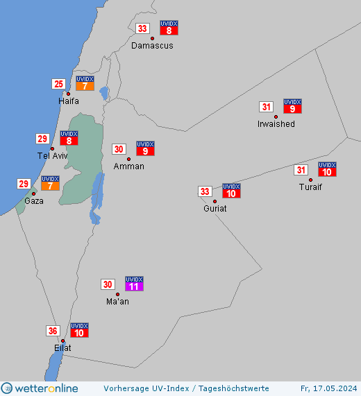 Palästinensische Gebiete: UV-Index-Vorhersage für Samstag, den 27.04.2024