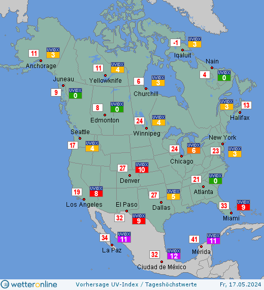 Nordamerika: UV-Index-Vorhersage für Samstag, den 27.04.2024