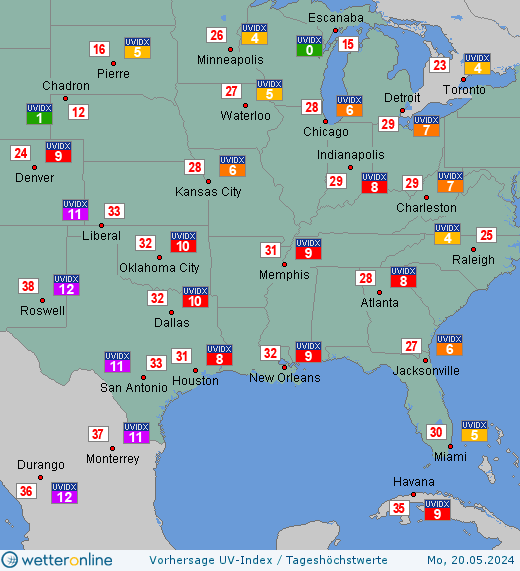 Südstaaten: UV-Index-Vorhersage für Sonntag, den 28.04.2024