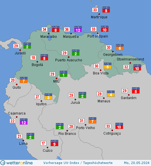 Nördliches Südamerika: UV-Index-Vorhersage für Sonntag, den 28.04.2024