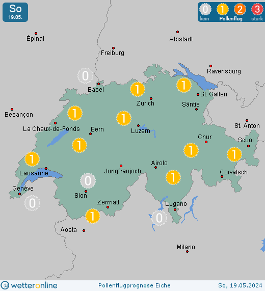 Lausanne: Pollenflugvorhersage Eiche für Sonntag, den 28.04.2024