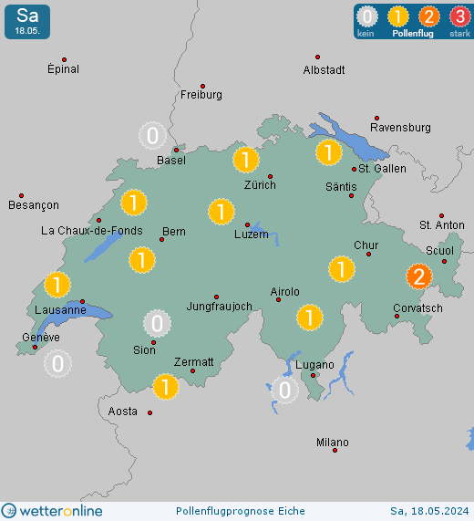 Schweiz: Pollenflugvorhersage Eiche für Sonntag, den 28.04.2024