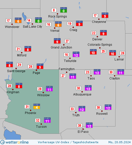 Arizona: UV-Index-Vorhersage für Sonntag, den 28.04.2024