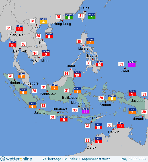 Indonesien: UV-Index-Vorhersage für Sonntag, den 28.04.2024