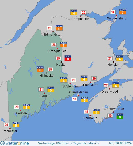 Maine: UV-Index-Vorhersage für Sonntag, den 28.04.2024