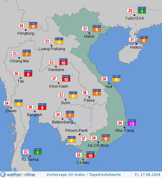 Vietnam: UV-Index-Vorhersage für Sonntag, den 28.04.2024