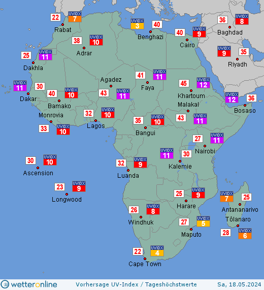Afrika: UV-Index-Vorhersage für Sonntag, den 28.04.2024