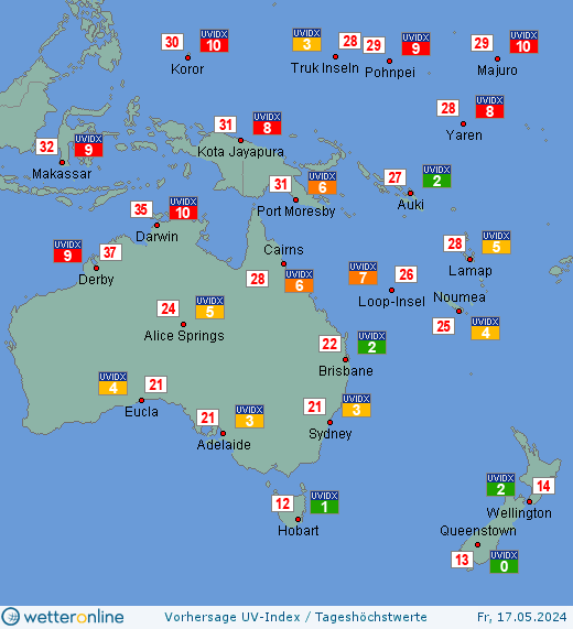 Ozeanien: UV-Index-Vorhersage für Sonntag, den 28.04.2024