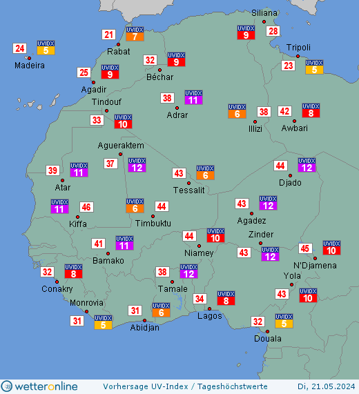 Westafrika: UV-Index-Vorhersage für Montag, den 29.04.2024