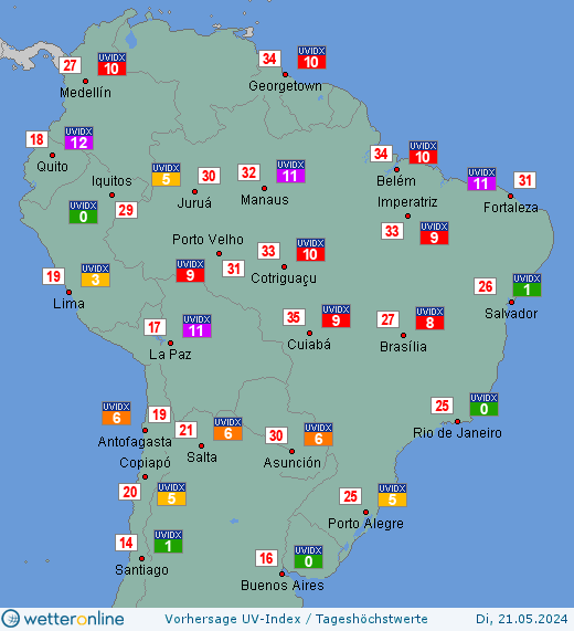 Mittleres Südamerika: UV-Index-Vorhersage für Montag, den 29.04.2024