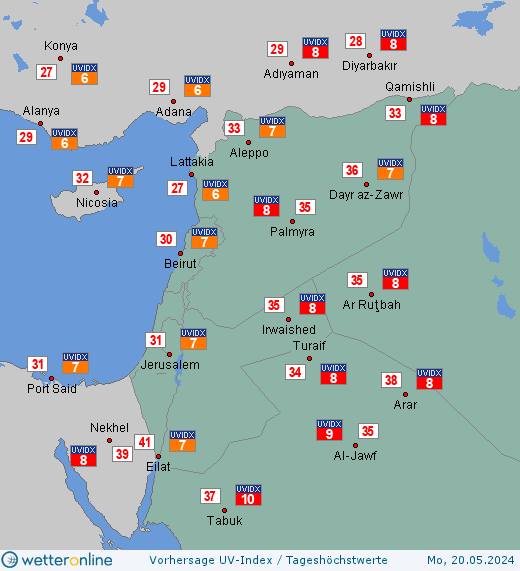 Naher Osten: UV-Index-Vorhersage für Montag, den 29.04.2024
