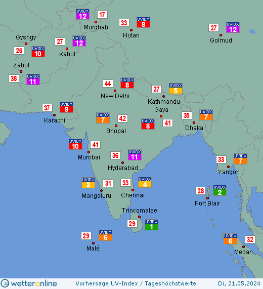 Südasien: UV-Index-Vorhersage für Montag, den 29.04.2024
