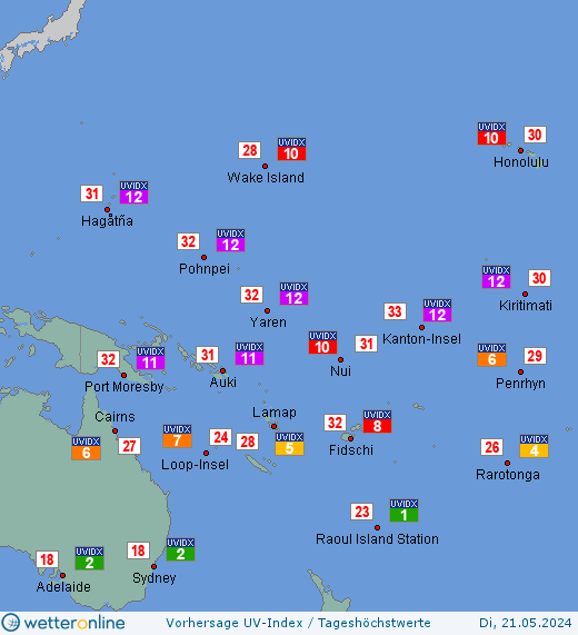 Pazifikinseln: UV-Index-Vorhersage für Montag, den 29.04.2024