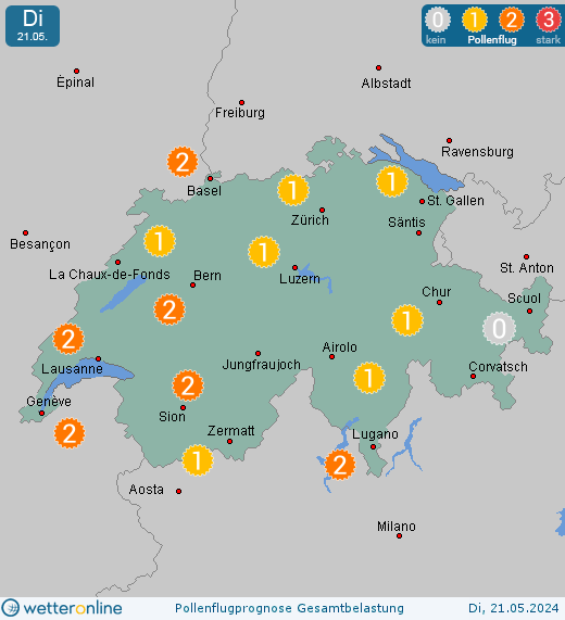 Appenzell (in 900m): Pollenflugvorhersage Ambrosia für Montag, den 29.04.2024