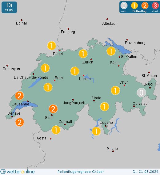Appenzell (in 900m): Pollenflugvorhersage Gräser für Montag, den 29.04.2024