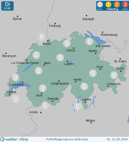 Appenzell (in 900m): Pollenflugvorhersage Ambrosia für Montag, den 29.04.2024