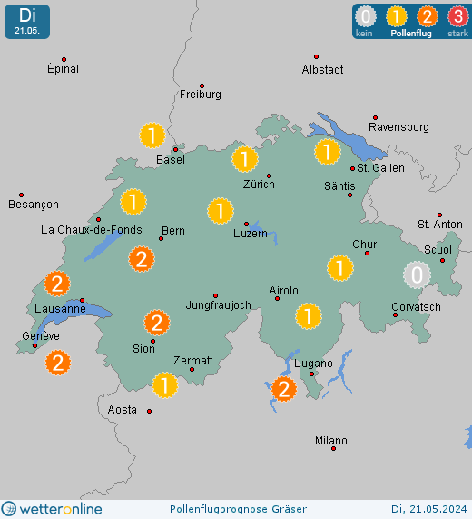 Chasseral (in 1600m): Pollenflugvorhersage Gräser für Montag, den 29.04.2024